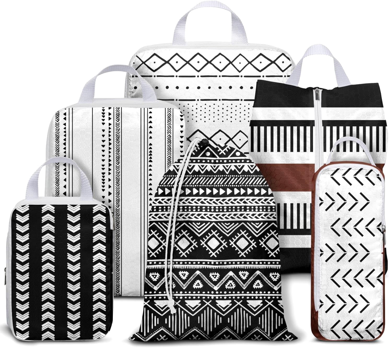 6 Set Compression Packing Cubes for Travel,Bohemia Packing Cubes for Suitcase Luggage Organizer Bags,Travel Essentials for Carry on Backpack,Ultralight and Waterproof(Modern Boho Geometric Black)