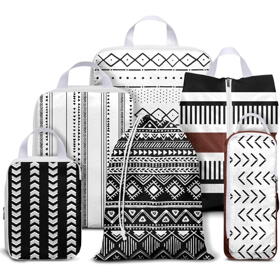 6 Set Compression Packing Cubes for Travel,Bohemia Packing Cubes for Suitcase Luggage Organizer Bags,Travel Essentials for Carry on Backpack,Ultralight and Waterproof(Modern Boho Geometric Black)