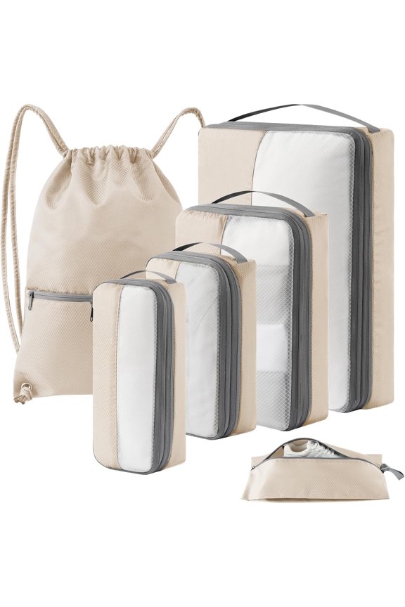 6 Set Compression Packing Cubes for Travel, Bonus Versatile Drawstring Backpack, Lightweight Luggage Organizer Bags, Sturdy Travel Accessories for Suitcase, Beige