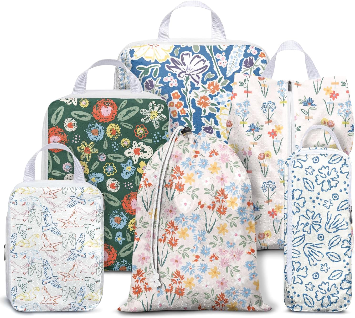 6 Set Compression Packing Cubes for Travel,Packing Cubes for Suitcase Luggage Organizer Bags,Travel Essentials for Carry on Backpack,Ultralight and Waterproof (Springtime Flowers and Meadow)