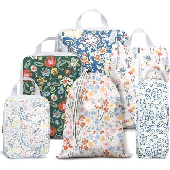 6 Set Compression Packing Cubes for Travel,Packing Cubes for Suitcase Luggage Organizer Bags,Travel Essentials for Carry on Backpack,Ultralight and Waterproof (Springtime Flowers and Meadow)