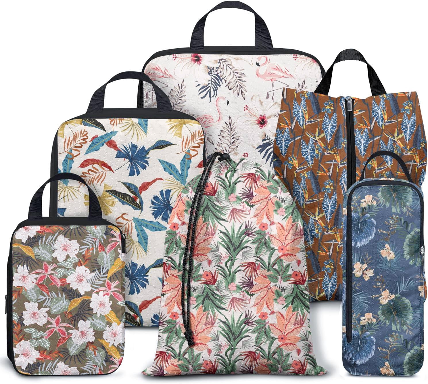 6 Set Compression Packing Cubes for Travel,Packing Cubes for Suitcase Luggage Organizer Bags,Travel Essentials for Carry on Backpack,Ultralight and Waterproof (Summer Vintage Tropics)