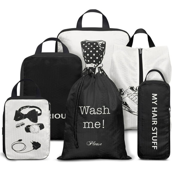 6 Set Compression Packing Cubes for Travel,Packing Cubes for Suitcase Luggage Organizer Bags,Travel Essentials for Carry on Backpack,Ultralight and Waterproof for Women(Simple Black and White)