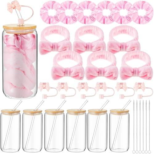 6 Set Coquette Pink Bow Gifts, 16oz Glass Cups with Lids Straw and Bow Straw Cover Pink Spa Headband Satin Hair Scrunchie for Women Birthday Bestie Party Favors Preppy Stuff