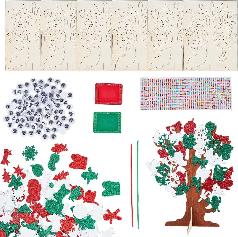 6 Set Foam Stickers 3D Craft Tree Kit Christmas Unfinished Wood Tree Christmas Tree with 500Pcs Santa Claus Gingerbread Elk Sticker for Art Project Family Activity Christmas Decoration Colorful