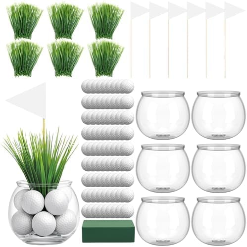 6 Set Golf Party Centerpieces Table Decorations with Hollow Plastic Ball Artificial Grass Flag Flower Mud Sport Centerpiece Table Toppers for Golf Birthday Party Baby Shower Supplies