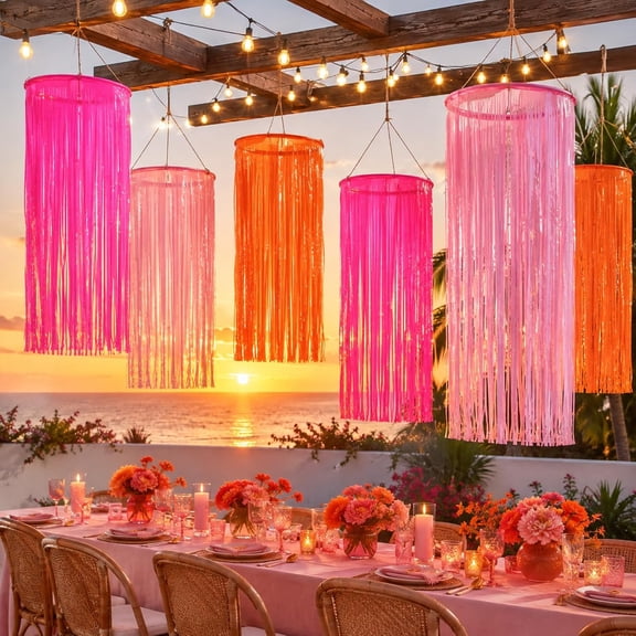 6 Set Hot Pink Orange Party Decorations DIY Hanging Fringe Ceiling Decor