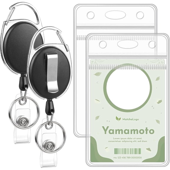 6 Set ID Badge Holder with Badge Reels Retractable Clip, Clear Vertical PVC Card Sleeve and Oval Reel Set for Work Office Nurse Teacher Student Name Tags Access Cards
