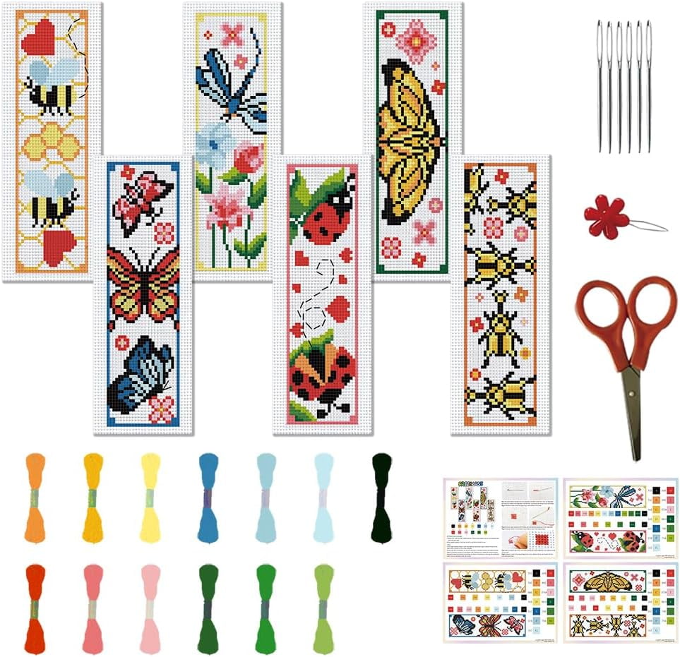 6 Pcs Cross Stitch Bookmark Kit For Beginner Adults Vivid Moths Stamped Embroidery Instruction Starters Printed Diy Kits Book Lovers