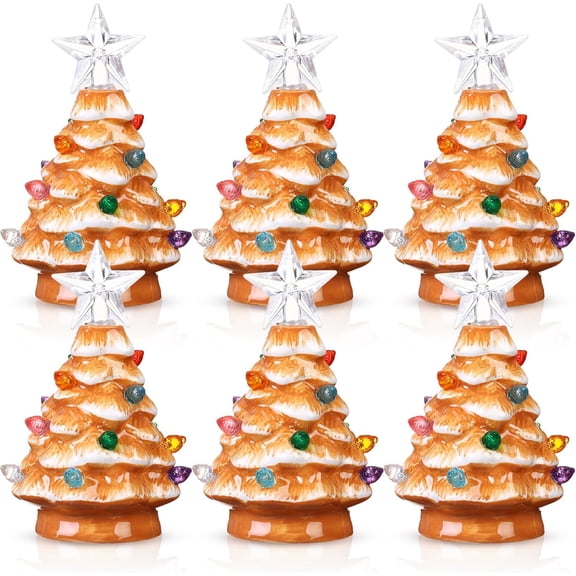 6 Set Mini 4 Inch Ceramic Valentine's Day Tree Ornament with LED Lights Valentine Tree Hanging Light up Ornaments Pre Lit Hand Painted for Tabletop Home Table Holiday Decor