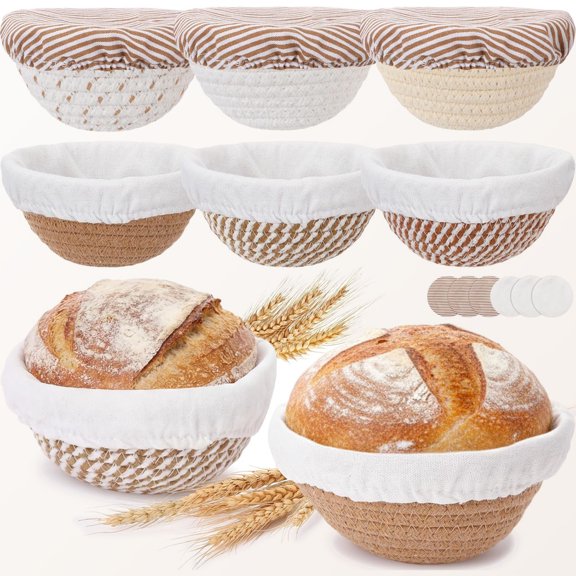 6 Set Mini Banneton Bread Proofing Basket Natural Cotton Rope Proofing Bowls Kit with Cloth Liner Small Sourdough Bread Baking Supplies for Home Baking (Brown,5.12 x 2.36 Inches)