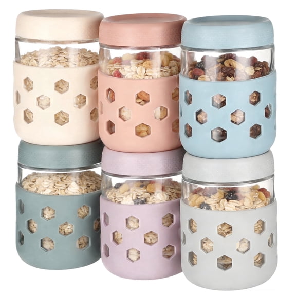 6 Set 16oz Glass Oatmeal Jars with Lids and Silicone Sleeves, Leak Proof Overnight Oat Jars, Airtight Oat Containers for Yogurt Chia Pudding