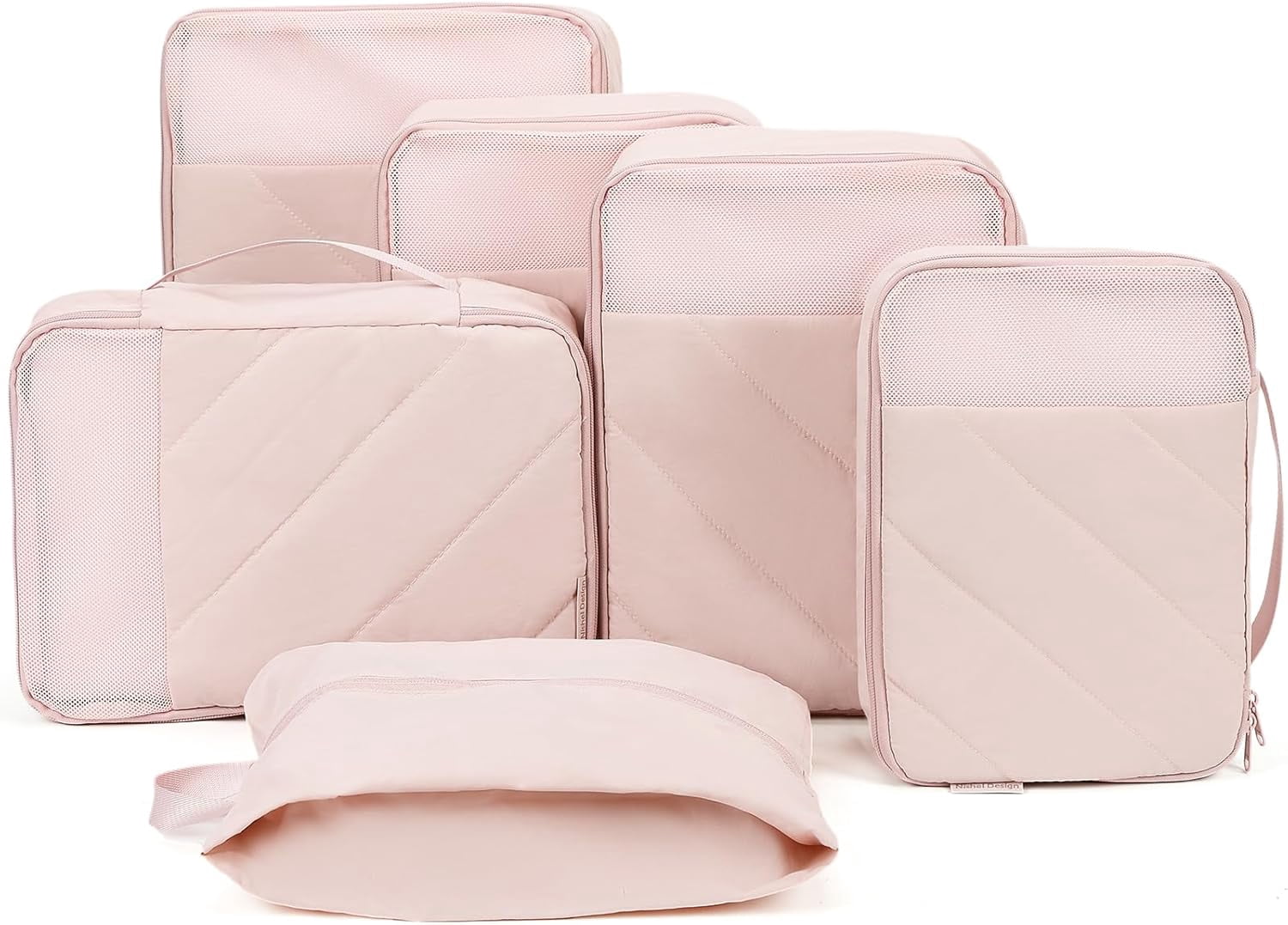 6-Set Packing Cubes for Travel – Luggage Organizer with Shoe Bag – Includes 1 Large, 3 Medium, 1 Small, 1 Shoe Bag – Breathable Mesh, Dual Zips – Pink