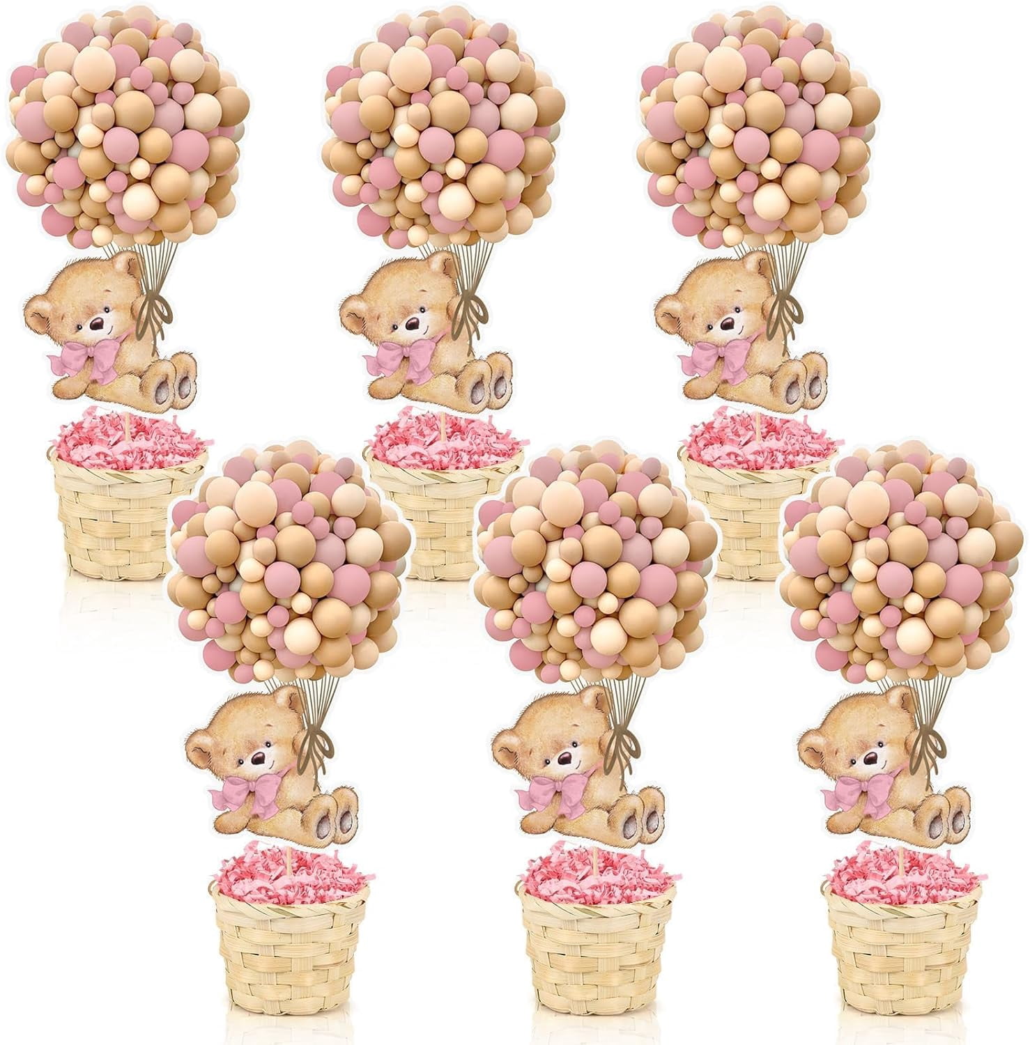 6 Set Pink Baby Shower Table Centerpieces Decortion Hot Air Balloon Cute Babys Bear with Bamboo Basket Lafite Garss Welcome Oh Baby We Can Bearly Wait Boy Or Girl Gender Reveal Party Favor