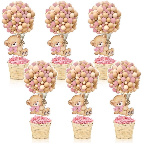 6 Set Pink Baby Shower Table Centerpieces Decortion Hot Air Balloon Cute Babys Bear with Bamboo Basket Lafite Garss Welcome Oh Baby We Can Bearly Wait Boy Or Girl Gender Reveal Party Favor