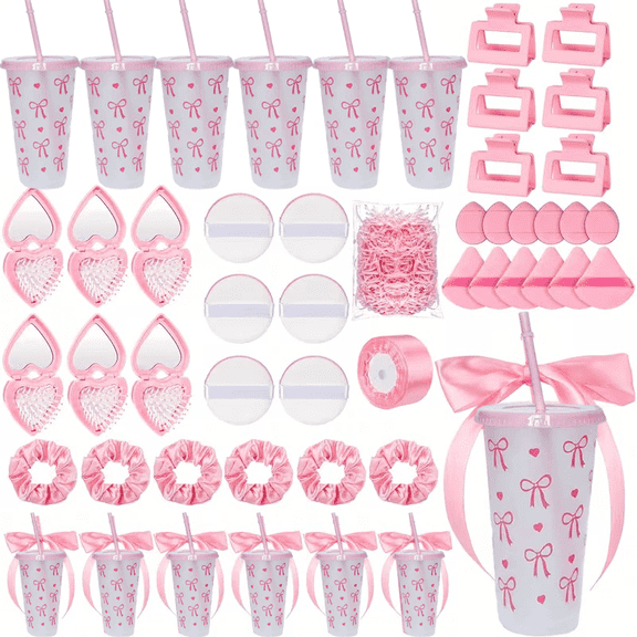 6 Set Pink Bridal Shower Game Prize Kits Wedding Party Gift Set with Cups Makeup Puffs Hair Combs Hair Clips Hair Ties Ribbon, Bachelorette Spa Party Favors for Bride, Bridesmaid & Wedding Guests