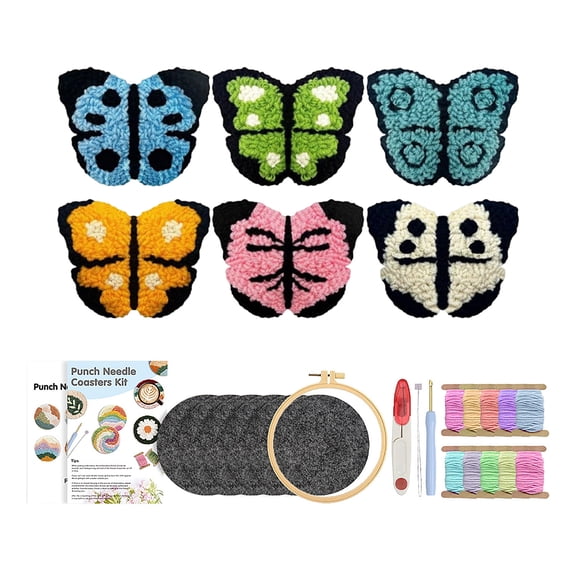 6 Set Punch Needle Kit for Beginners, DIY Knitted Coaster Craft Kit with Yarns Embroidery Hoop for Home Decor (butterfly)