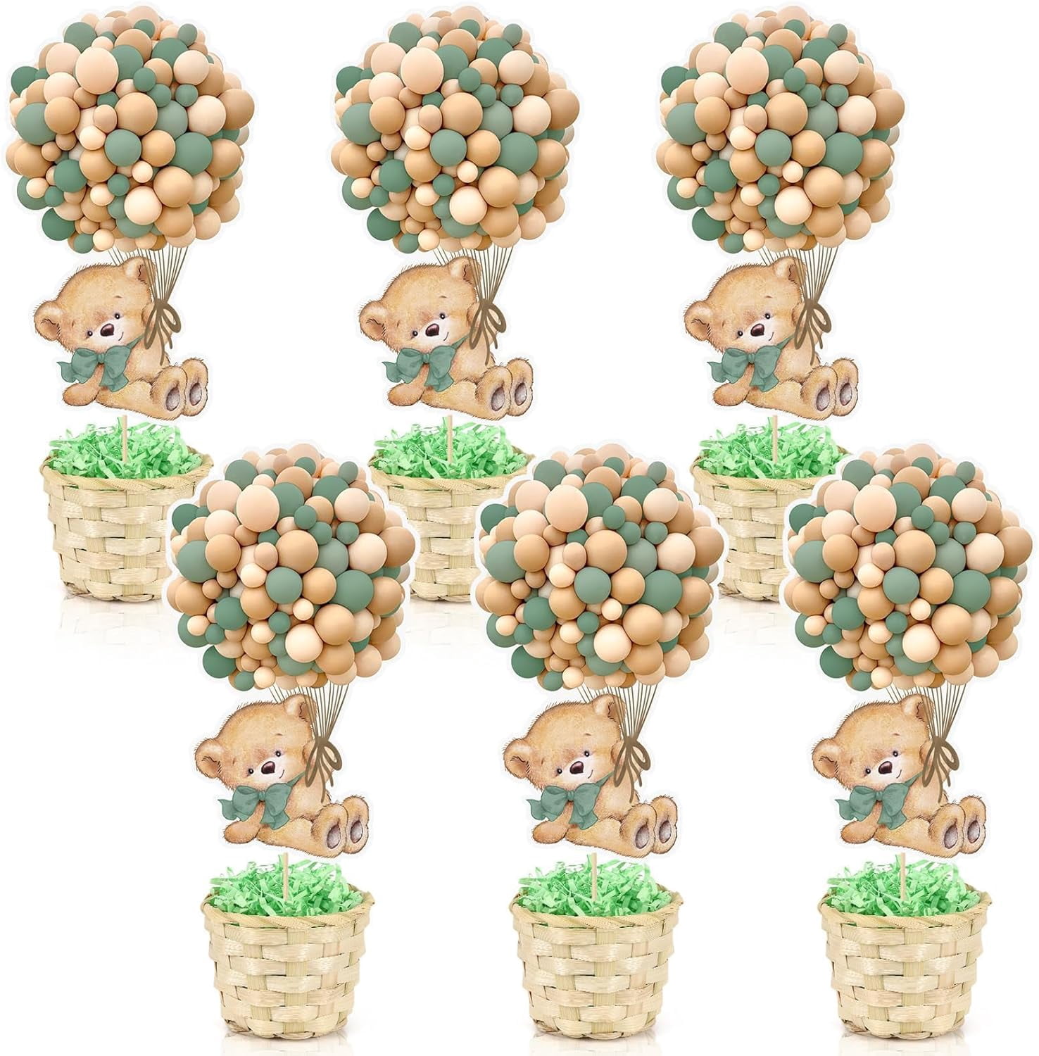 6 Set Sage Green Baby Shower Table Centerpieces Decortion Hot Air Balloon Cute Babys Bear with Bamboo Basket Lafite Garss Welcome Oh Baby We Can Bearly Wait Boy Or Girl Gender Reveal Party Favor