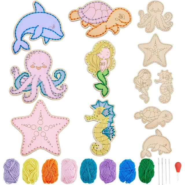 6 Set Sea Animals Wooden Threading Kits First Sewing Kit Wooden Sewing