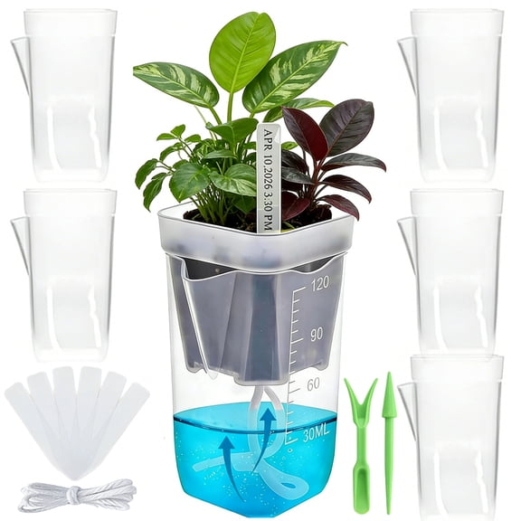 6 Set Self Watering Plant Pots 2" Small, Clear Plastic Hydroponic Nursery Propagation Cups with Drainage and Visible Water Level for Propagation, Cutting, Seeding 6 Plant Labels By Yahome