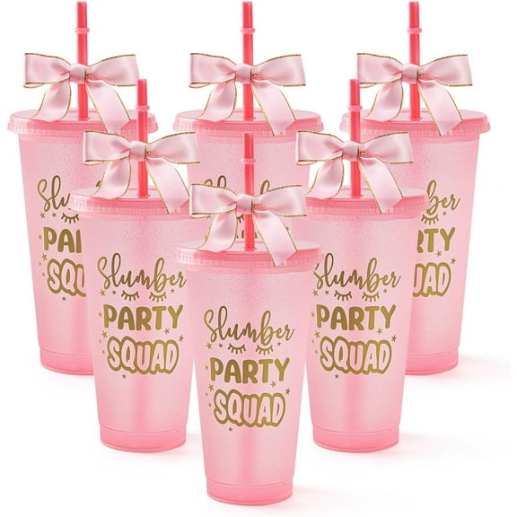 6 Set Slumber Party Plastic Cups with Lid Straw and Twist Bow 24 oz Sleepover Tumblers Reusable Cups for Birthday Slumber Spa Party Supplies