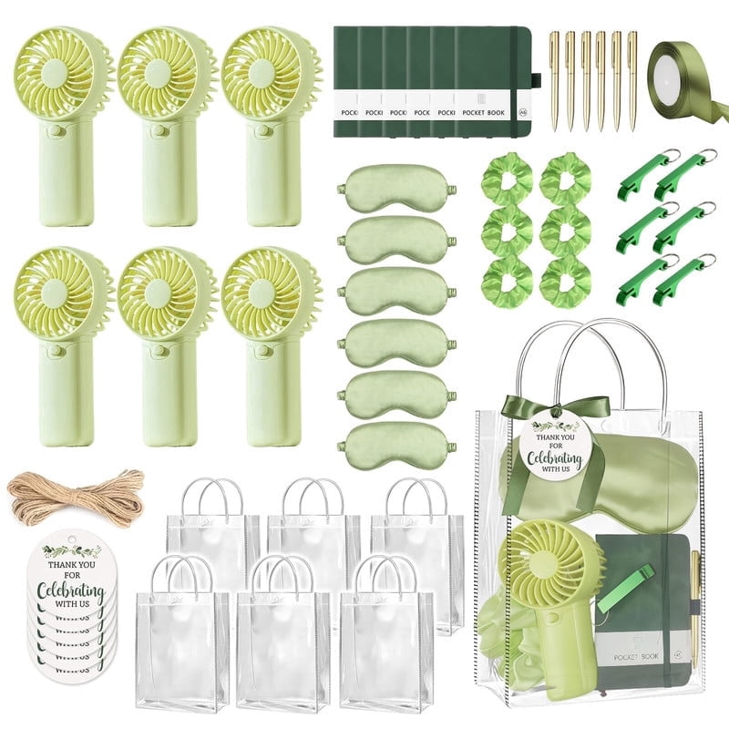 6 Set Summer Baby Shower Prizes for Guest, Green Handheld Fan Party Favor Set Thank You Gift with Notebooks, Ballpoint Pen, Eye Mask for Baby Shower Bridal Shower Wedding Party Game Activities