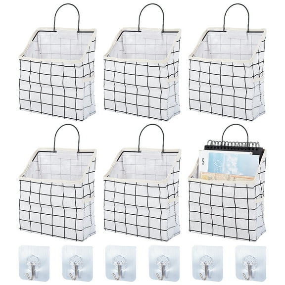 6 Set Tartan Pattern Polycotton Bedside Caddy for Student Dorm Storage Pouch Organizer Bag with Adhesive Hook Hanger White 220x95x380mm