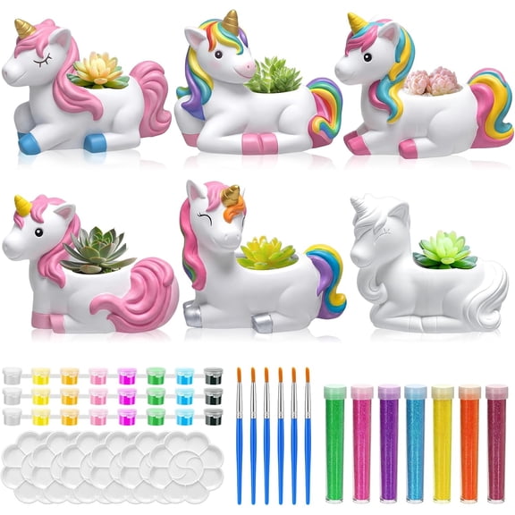6 Set Unicorn Flower Pot Ceramic to Paint Ready to Paint Your Own Ceramic Succulent Planters DIY Unpainted Plaster Paintable Kit Crafts with Brush Palette for Adults