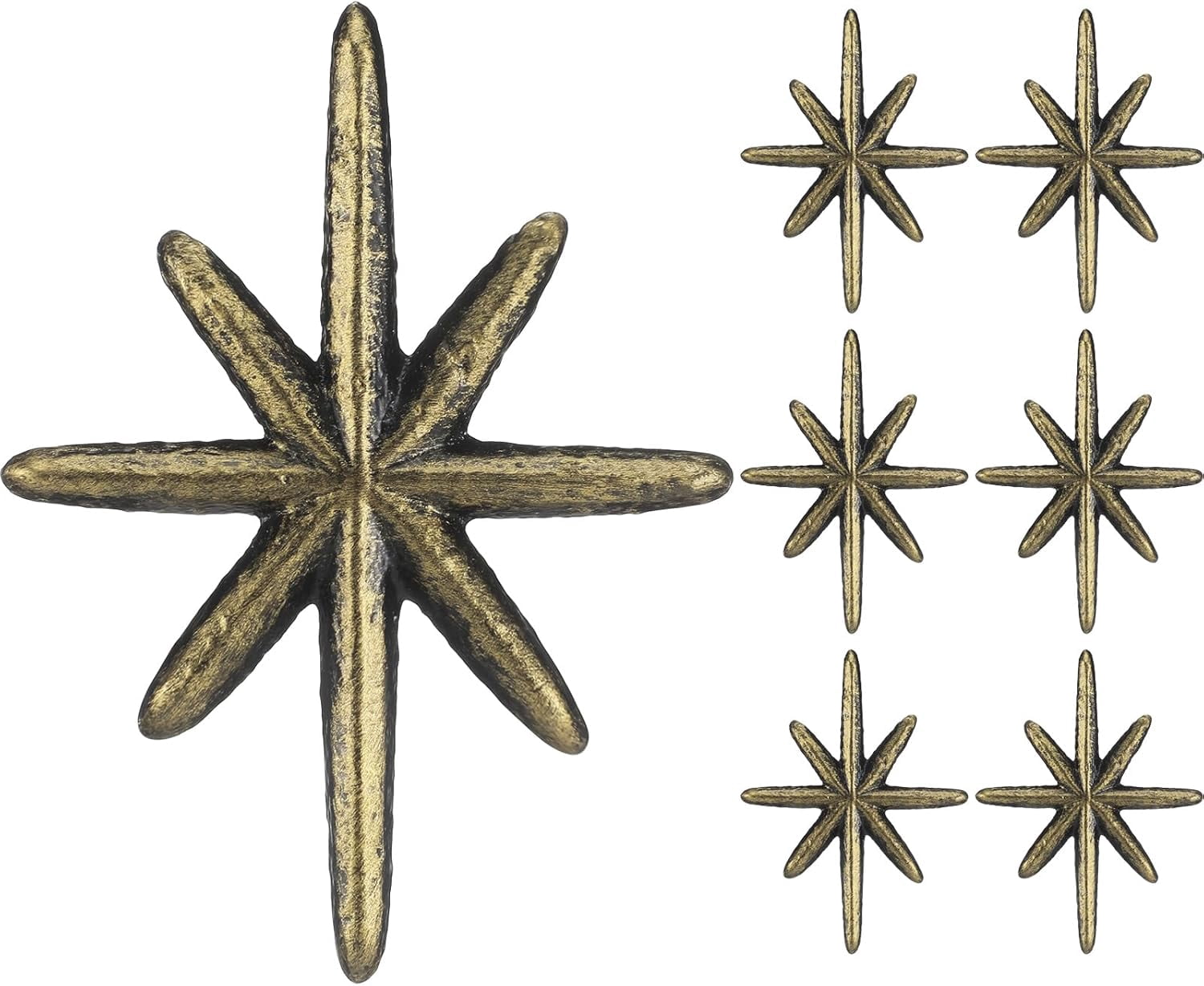 6 Set Unique Antique Gold Cast Iron Drawer Pulls & Cabinet Knobs, 8-Pointed Star Add Mid-Century Modern Charm to Your Decor with Elegant Burst Design
