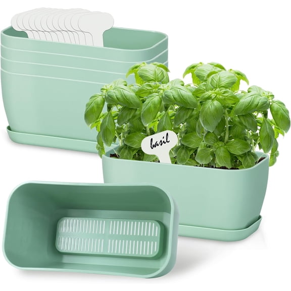 6 Set Window Herb Planter Box Rectangular, Green Plastic Planters with Multiple Drainage Holes and Trays,Indoor Succulent Cactus Mint Flower Pot for Windowsill, Garden Balcony