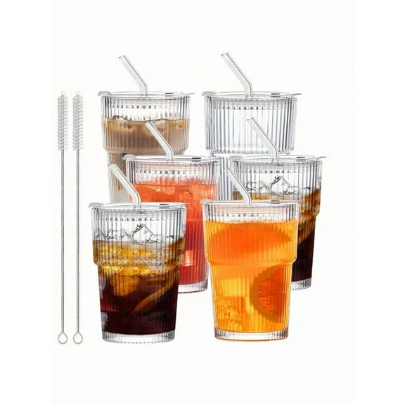 6 Sets Of 12oz/350ml Glass Cups With Lids And Straws, Ribbed Durable Glass Cups, Coffee And Juice Cups, A Set Of Exquisite Glass Containers, Reusable.