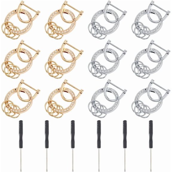 6 Sets 2 Colors Alloy Rhinestone Spring Gate Rings with D Rings Screwdriver Platinum Light Gold 47mm