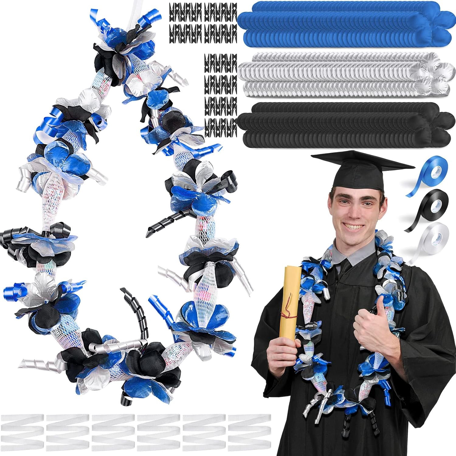 Junkin 24-Pack Candy Lei Making Kit – Graduation Class Of 2025, Hawaiian Party, Blue Theme