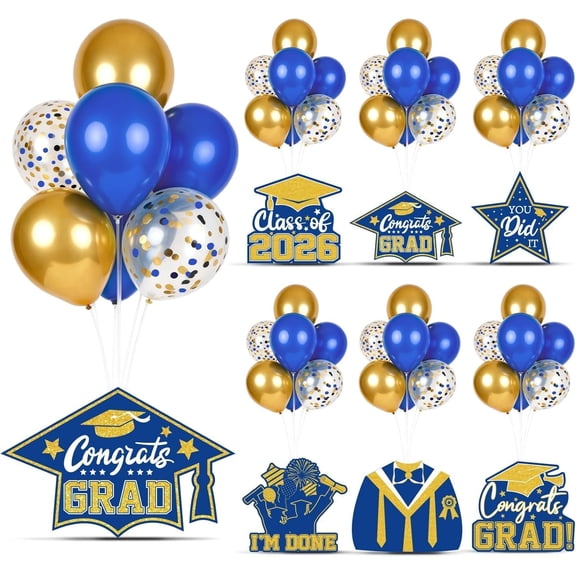 6 Sets 2026 Graduation Balloon Stand Kit for Table Blue Gold Balloon Class of 2026 Congrats Grad Table Centerpiece Grad Prom Themed Decoration for Grad School & College Ceremonies Party Supplies