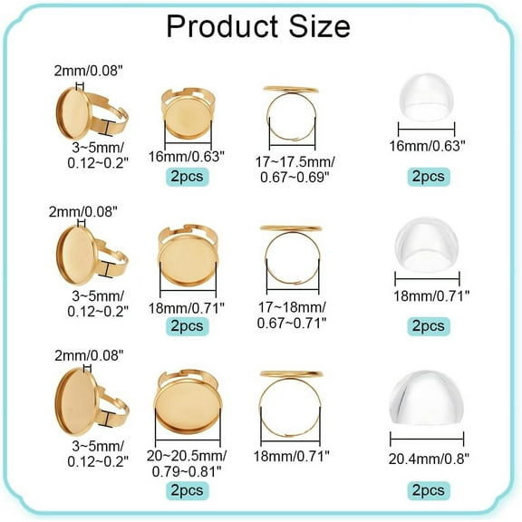 6 Sets 3 Sizes Cabochon Ring Blanks 201 Stainless Steel Blank Dome Ring Tray Adjustable Finger Rings Components Round Ring Base with Glass Cabochon
