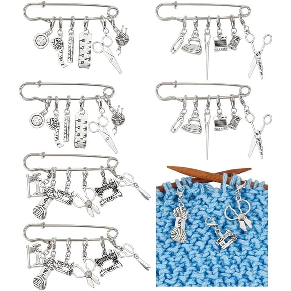 6 Sets 3 Styles Tailor Tool Theme Stitch Marker Charms Stitch Markers Knitting Metal Rings Knitting Kit with Safety Pins and Lobster Clasps for Knitting Weaving Sewing for DIY