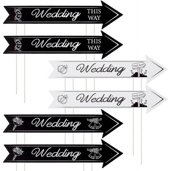 6 Sets 3 Styles Wedding Directional Yard Signs with Stakes 15.8x3.9 Inch Black and White Single-side Printed Wedding This Way Arrow for Ceremony Outdoor Parking Reception