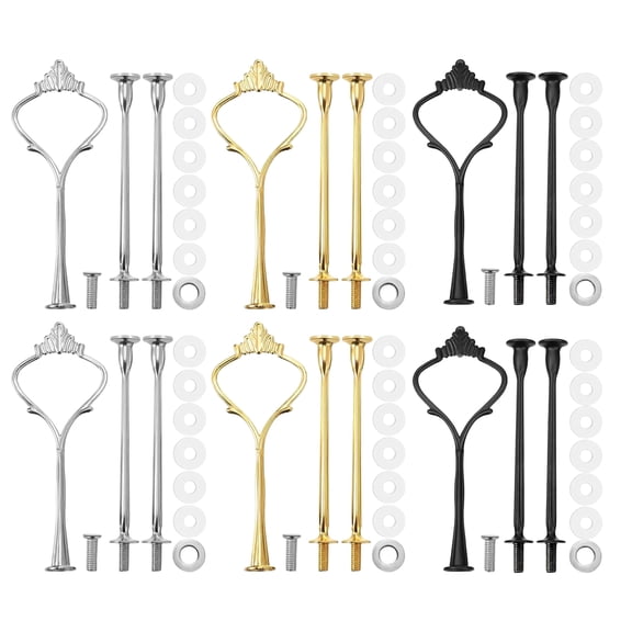 6 Sets 3 Tier Cake Plate Stand Handle Cake Stand Hardware HandleHeavy Metal Cake Fruit Food Plate Stand Fitting Stacking Kit for Cupcake, Dessert, Fruit DisplayBlack, Silver, Gold