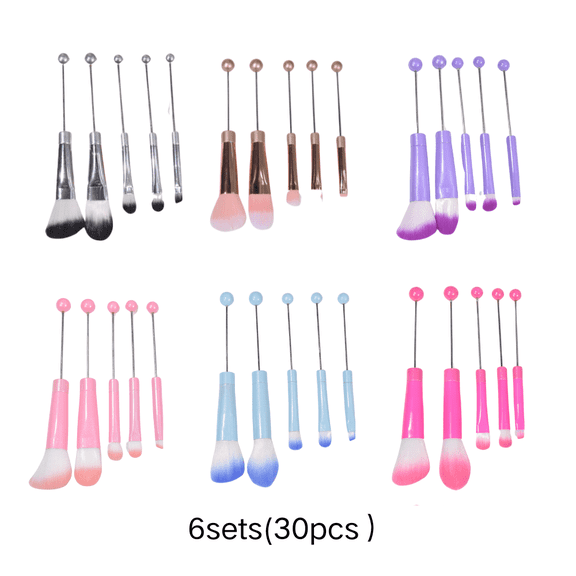 6 Sets (30 Pcs) Beaded Makeup Brush, Multicolor DIY Cosmetic Brushes for Elegant Makeup Lovers, Soft Polyester Eyeshadow and Concealer Brushes for Daily Use, Travel and Holiday Gift Packaging