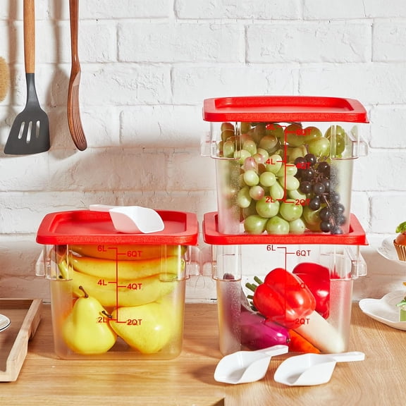 6 Sets 6 Quart Stackable Food Storage Containers with Lids and Ice Scoops for Kitchen Freezer Pantry Red Clear