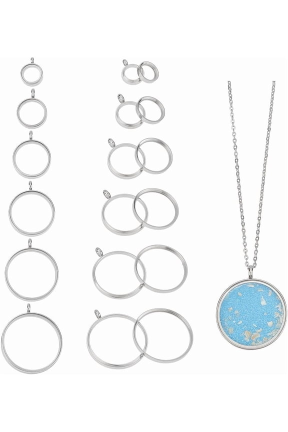 6 Sets 6 Sizes Locket Pendants Necklace 45cm Stainless Steel Living Memory Floating Locket Pendants Necklace Glass Photo Frame Locket Pendants for DIY Jewelry Necklace Making Silver