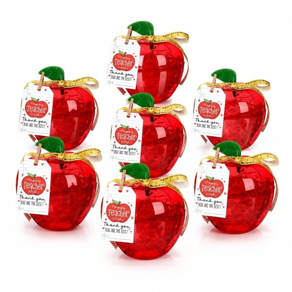6 Sets Apple Shaped Candy Containers, Red Plastic Treat Boxes with Thank You Cards, Raffia Filler, Ribbon and Wooden Clips, Reusable Gift Packaging for Party Favors, Holiday Gifts