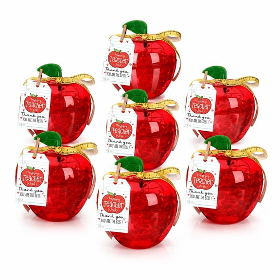 6 Sets Apple Shaped Plastic Candy Containers Red Gift Candy Jars with Raffia Ribbon Thank You Cards Clips Reusable Treat Boxes for Party Favors Holiday Gifts Event Decorations and Candy Packaging