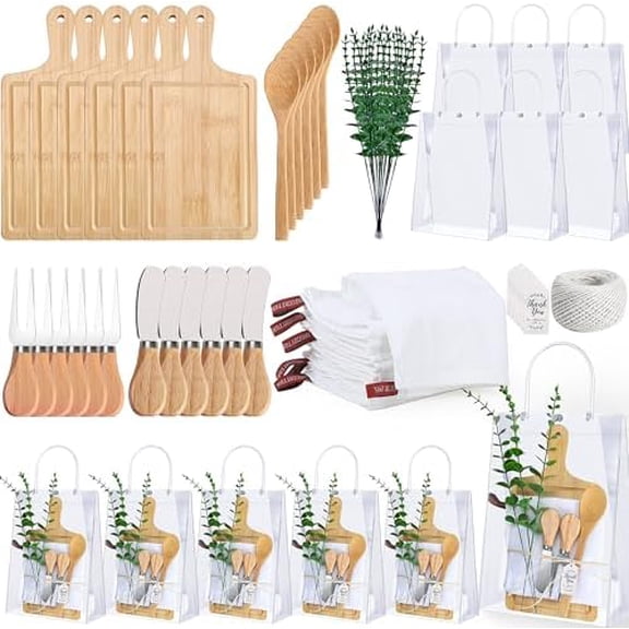 6 Sets Baby Shower Prizes for Game Winners 61Pcs Bridal Shower Prize Bamboo Cheese Board Artificial Eucalyptus Knives Spoons Bags Gift Thanks Card Set for Guests Wedding Baby Shower Favor