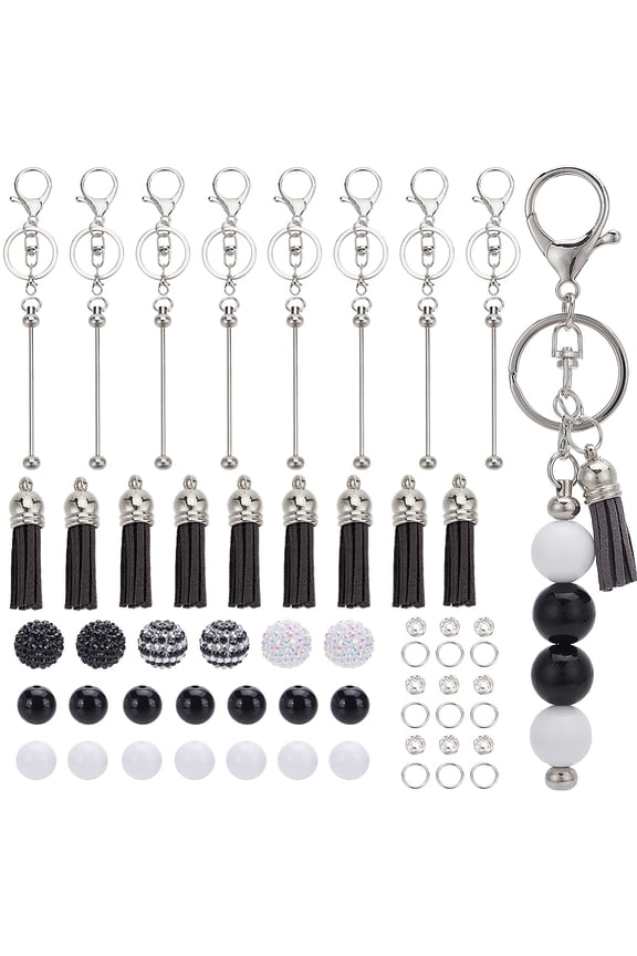 6 Sets Beadable Keychains Making Kit Keychain Set Beadable Keychains Black White Rhinestone Beads Key Chains Crafts Teachers