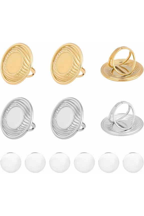6 Sets Blank Dome Half Round Ring Cabochons 2 Colors Blank Rings Pad Ring Tray 16mm Base Ring Open Cuff Finger Rings with Glass Cabochons Base Bezel Tray Cabochon for Jewelry Making