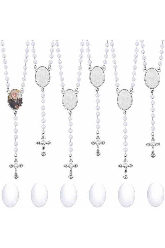 6 Sets Blank Photo Necklace Blanks Prayer Pearl Beads Necklace 6mm Beaded Necklaces with Crucifix for Baptism Women Gifts DIY Jewelry Making Silver
