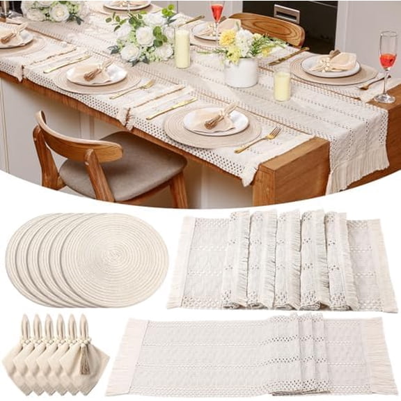 6 Sets Boho Place Mats Set Round Woven Placemats, Cloth Napkins, Wood Bead Napkin Rings, White Table Runner with Tassel and Farmhouse Rustic Placemats Cotton Burlap for Kitchen Table Decor