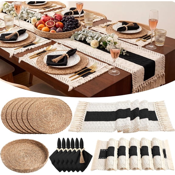 6 Sets Boho Table Runner and Woven Round Placemats Set, Black, 12x72 | Woven Placement for Dining with Boho Mats, Wood Bead Rings, Cloth Napkins, Burlap Runner Table Setting for Christmas Kitchen