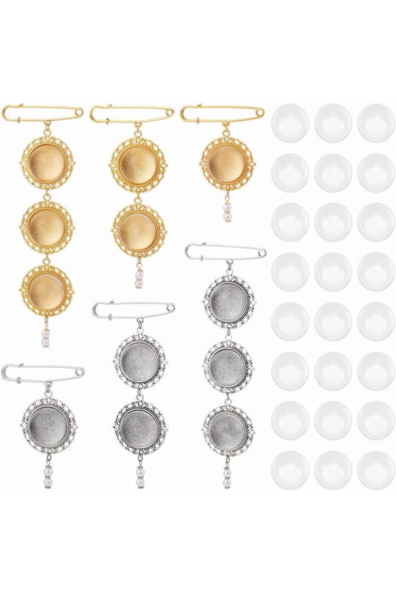 6 Sets Bouquet Photo Charm Wedding Bouquet Memorial Photo Charms Gold Silver Memory Pendant Brooch Pin Lacy Double Side Picture Frame With Pearl for DIY Wedding Bride Groom Family Couple (Round)